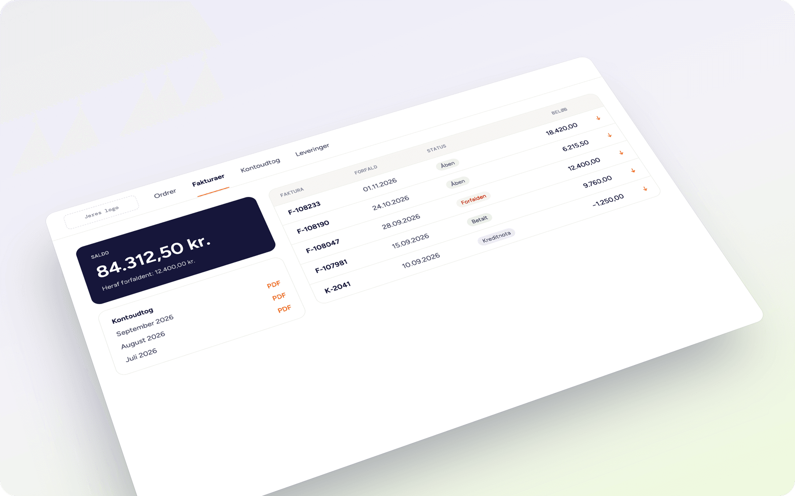 Invoice overview in the portal with status, balance and account statements