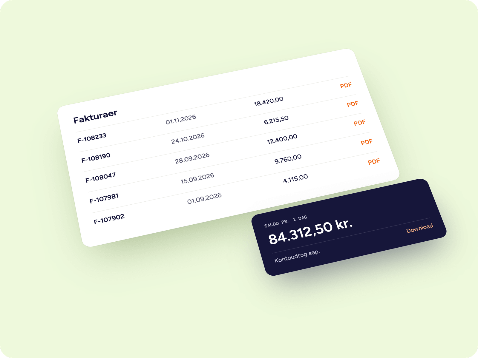 Invoice list in the customer portal with PDF download and balance
