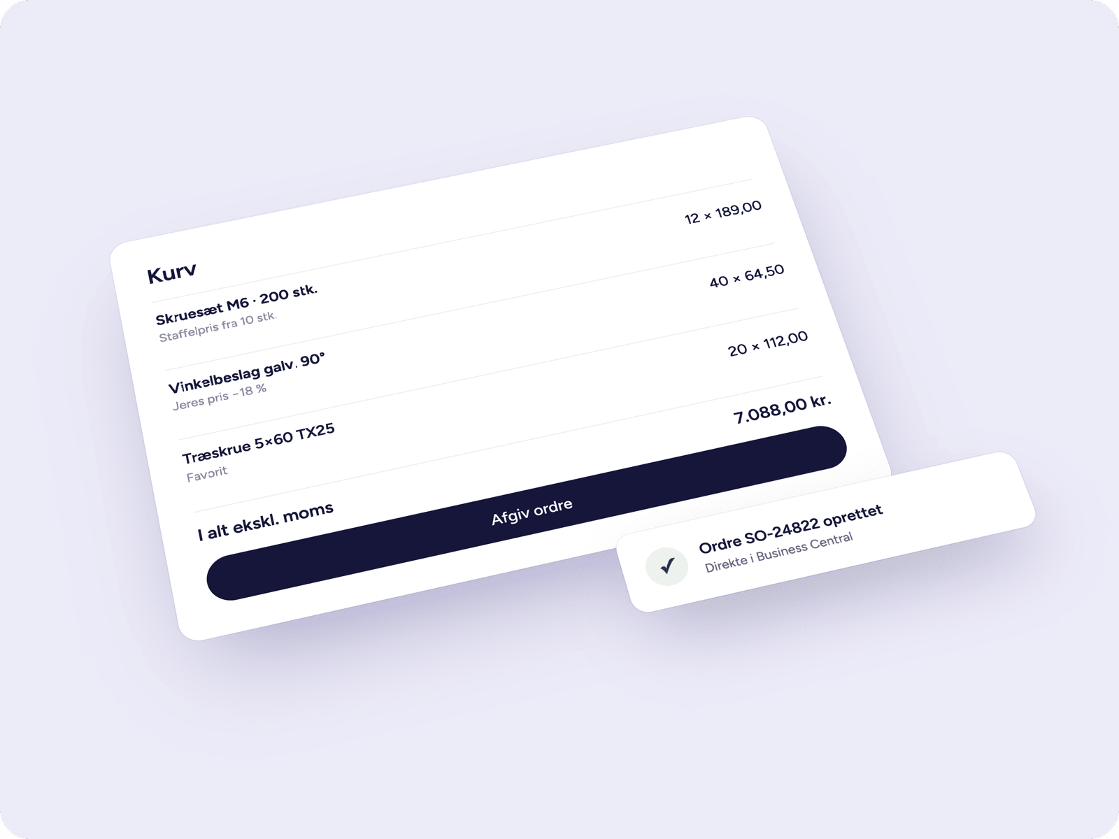 Basket in the customer portal with a quantity discount and the customer’s own price, and the order created in Business Central