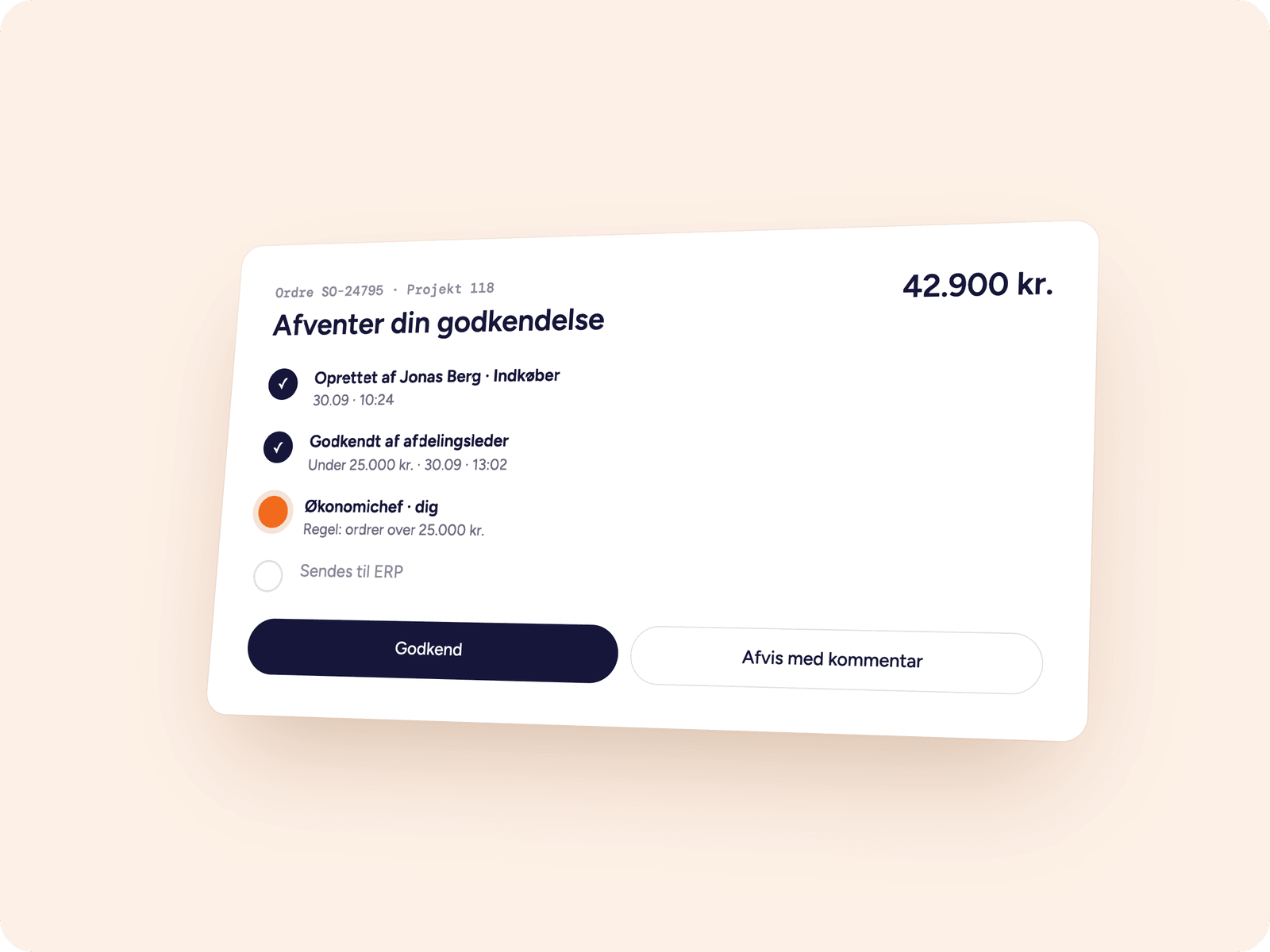 An order awaiting approval, with approval steps and an amount threshold